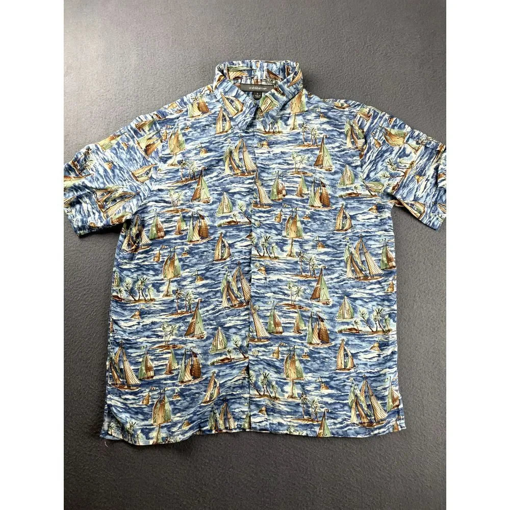 Croft & Barrow Hawaiian Shirt Men's L Nautical Sailboat Watercolors Sailing Blue